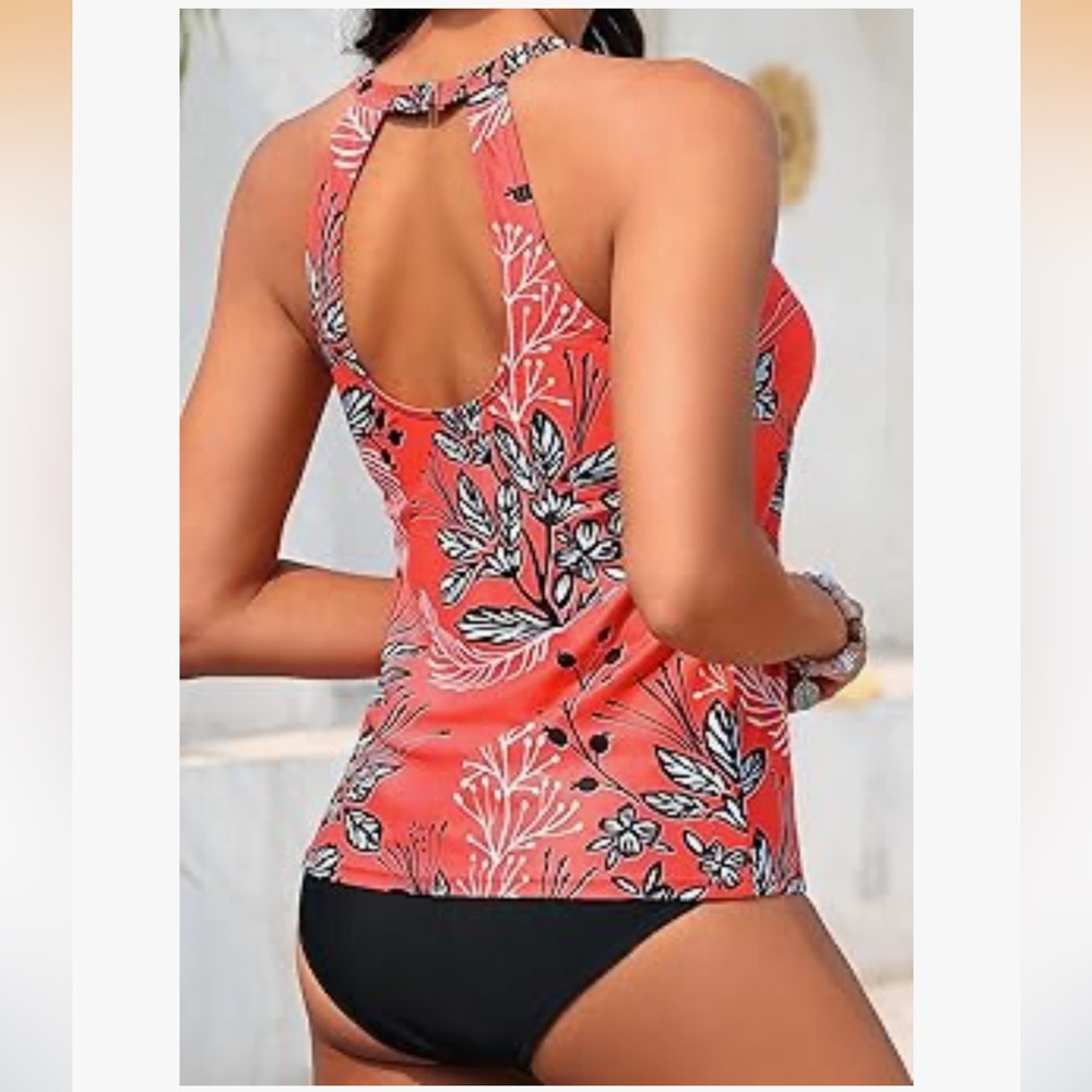 Womens High Neck Blouson Printed Tankini Top and Bottom Modest Swimsuit S - Picture 2 of 2